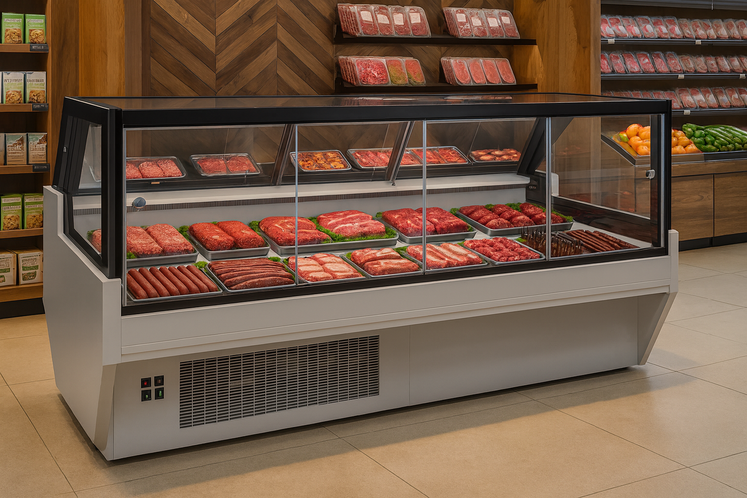 Cold display case with various packaged meats in a store setting