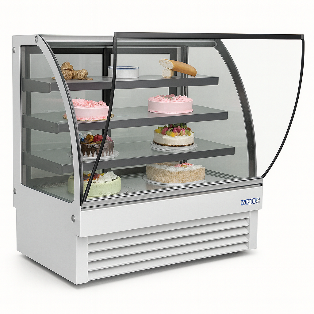 Display case with various cakes and pastries on a white background
