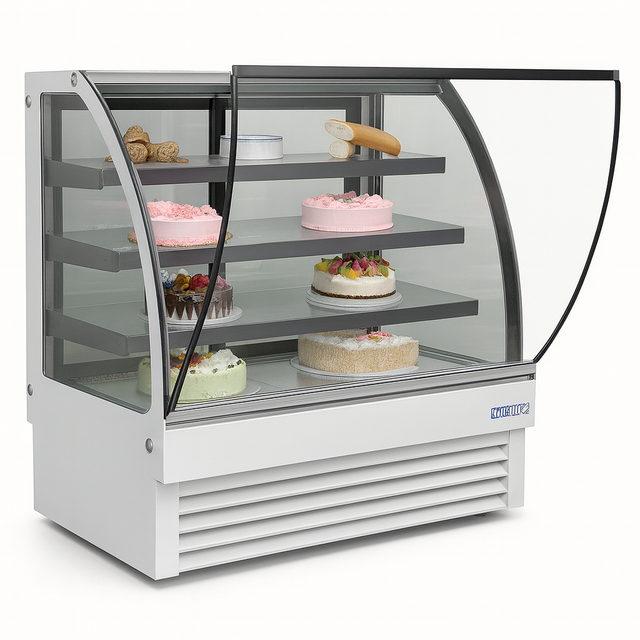 Display case with various cakes and pastries on a white background