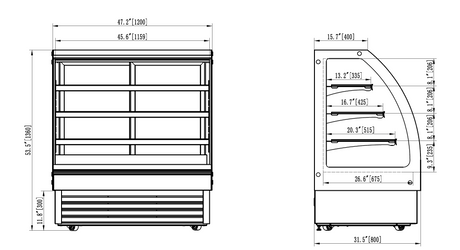 Technical drawing of a refrigerator with dimensions labeled