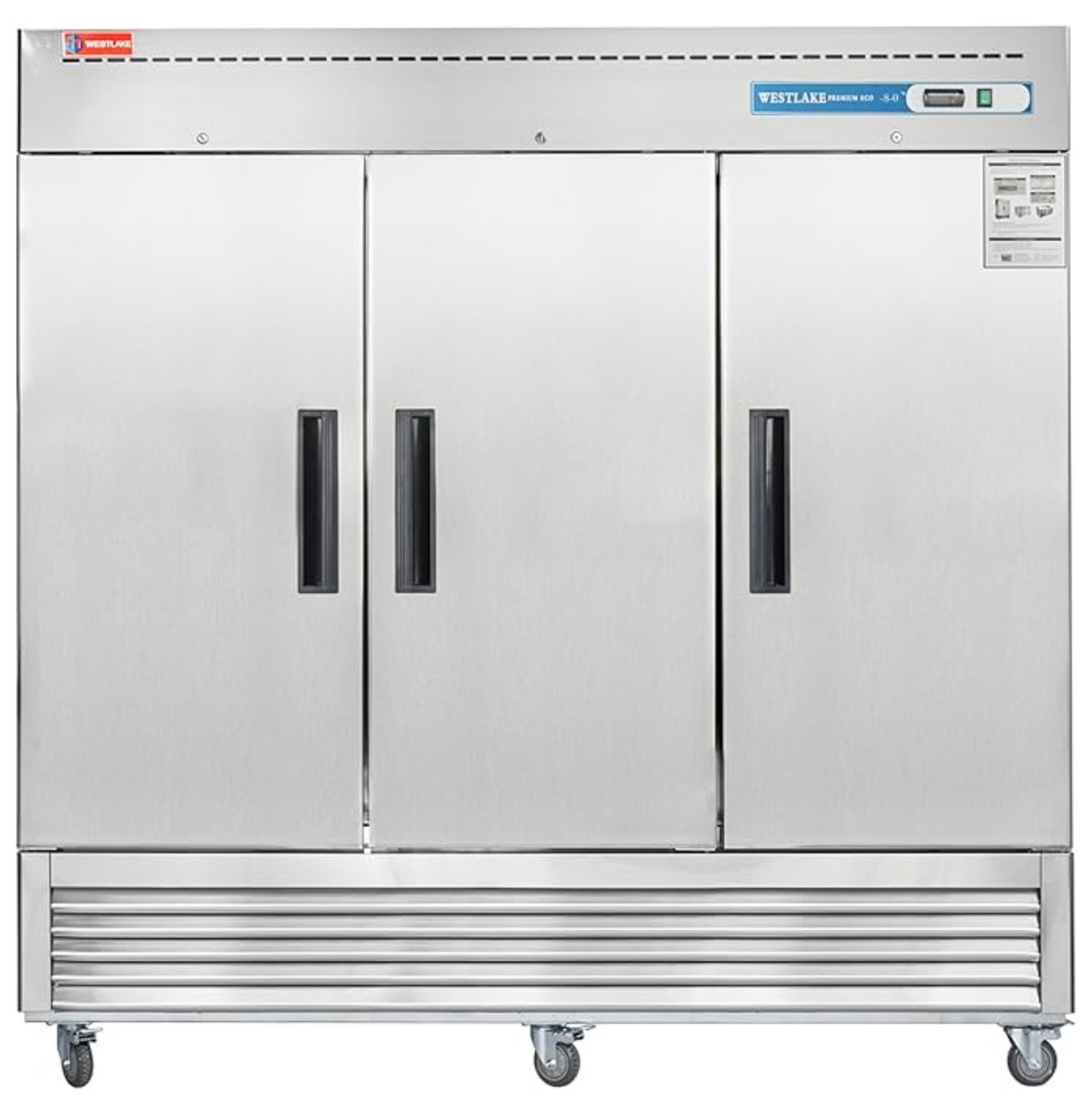 Stainless steel commercial refrigerator with three doors on a white background