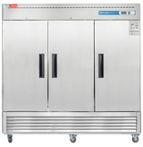 Stainless steel commercial refrigerator with three doors on a white background