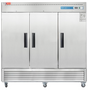 Stainless steel commercial refrigerator with three doors on a white background