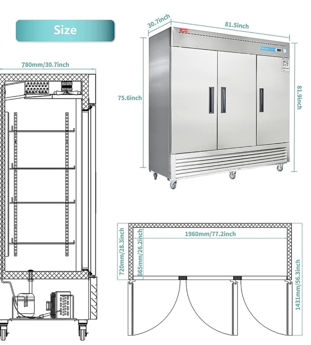 Stainless steel refrigerator with dimensions labeled on a white background