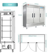 Stainless steel refrigerator with dimensions labeled on a white background