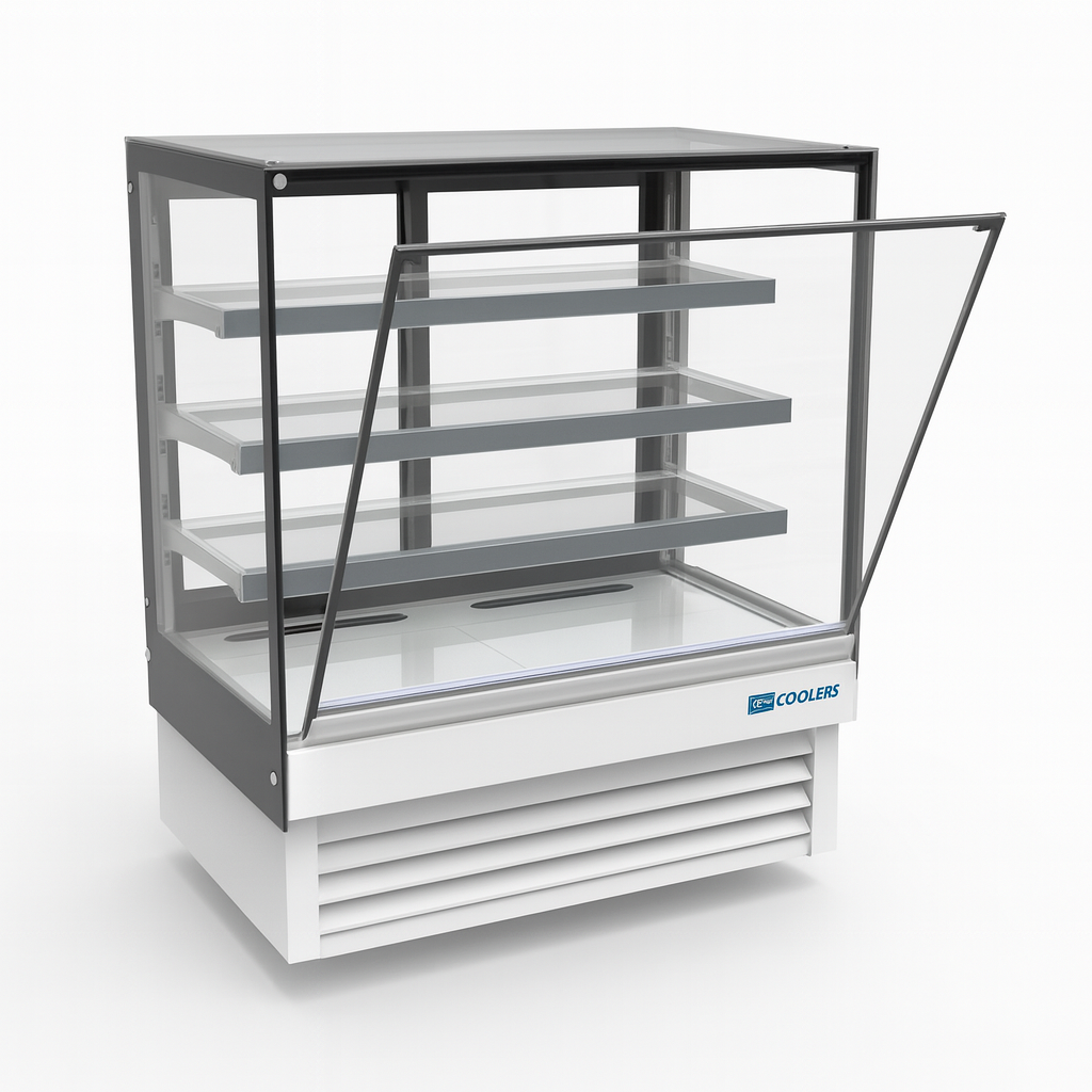 Display cooler with glass front on a white background