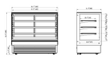 Technical drawing of a commercial refrigerator with dimensions labeled