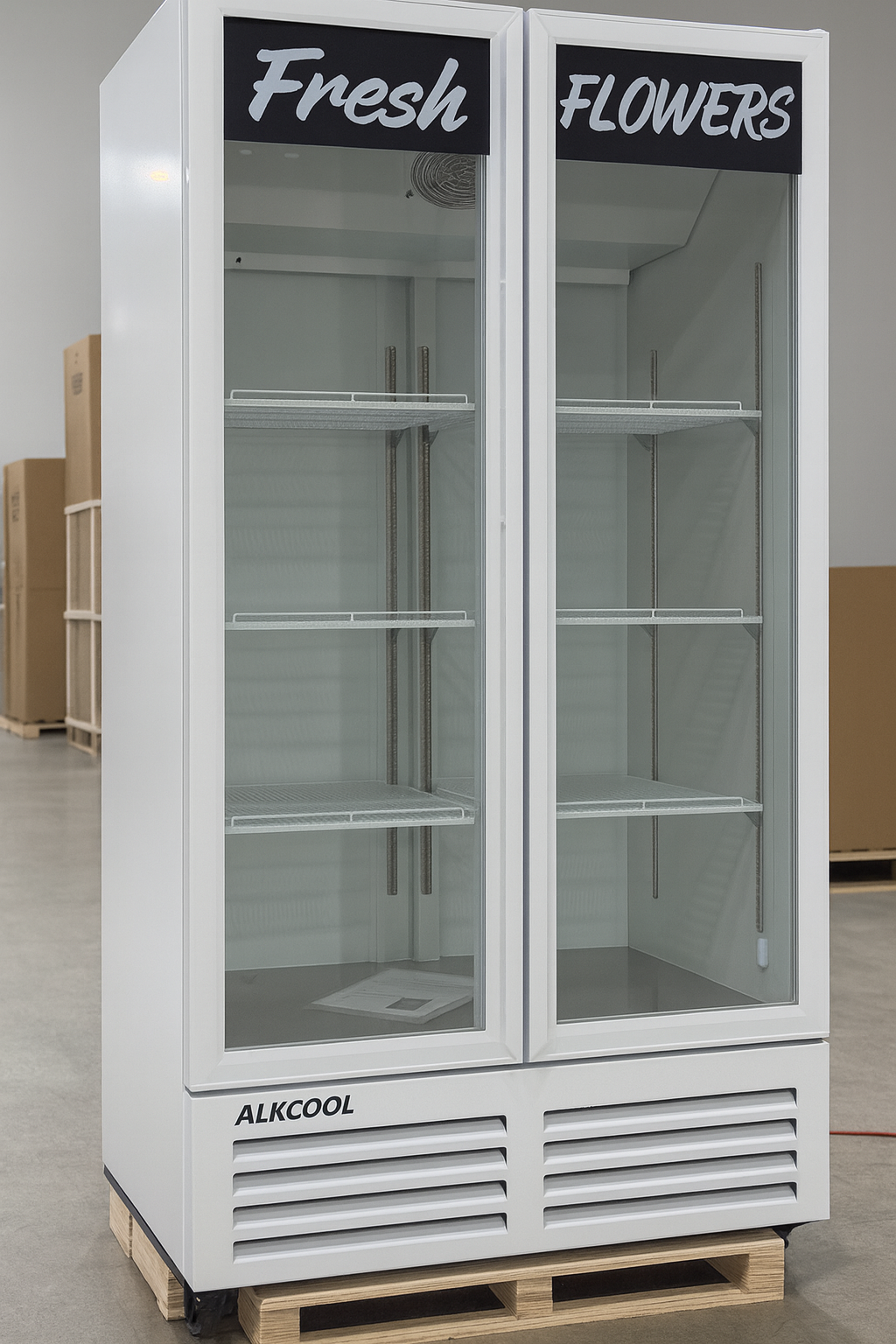 White ALKCOOL refrigerator with glass doors labeled 'Fresh Flowers' on a wooden pallet.