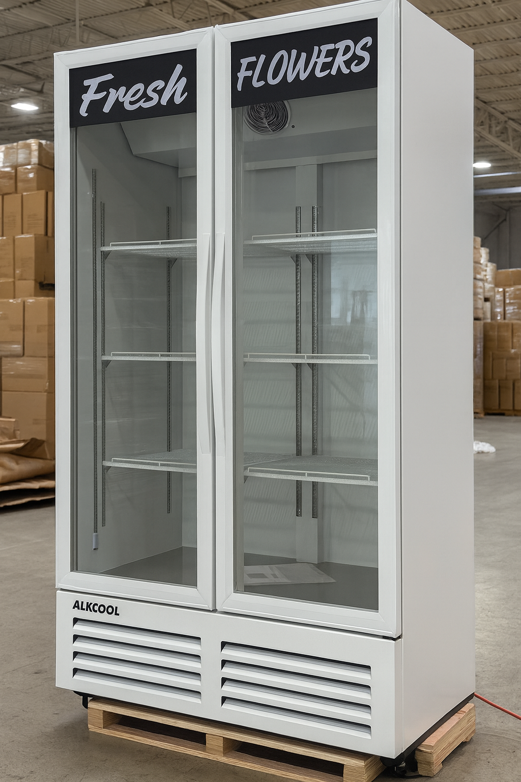 White refrigerator with glass doors labeled 'Fresh Flowers' in a warehouse setting.