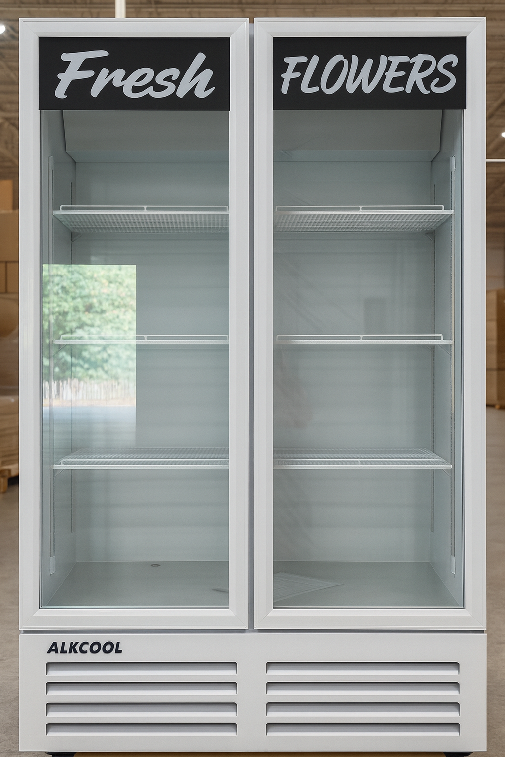 White refrigerator with glass doors labeled 'Fresh Flowers' on a wooden background