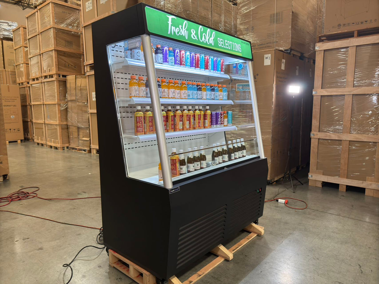 ALKCOOL 53" black open display fridge with LED lighting and night curtain.