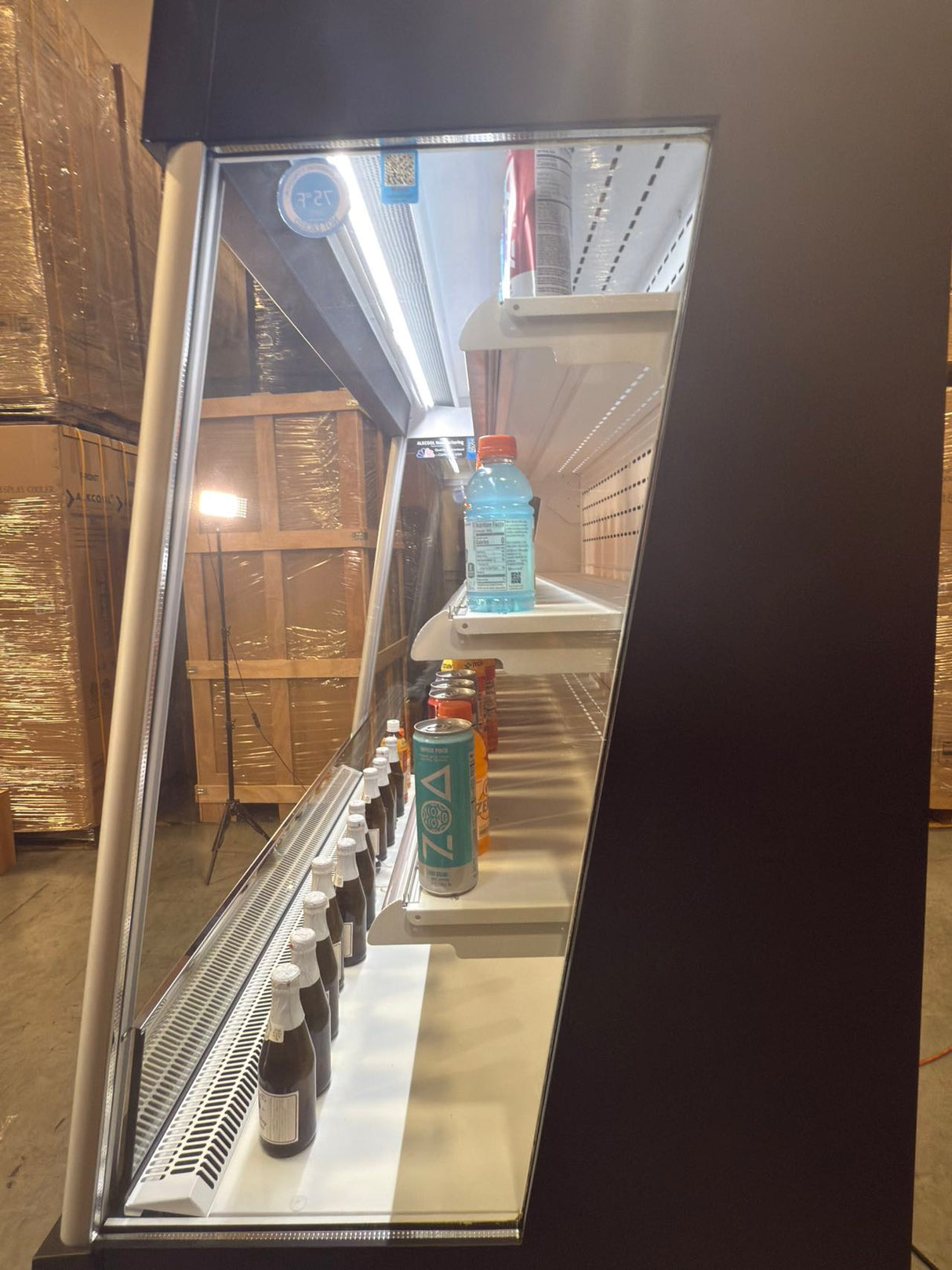 Digital temperature controls on the ALKCOOL ERINA 53-inch open display cooler.