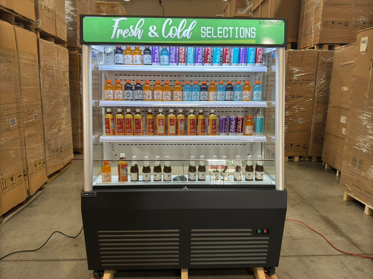 ALKCOOL ERINA 53-inch open-air merchandiser with tempered glass and LED lighting.