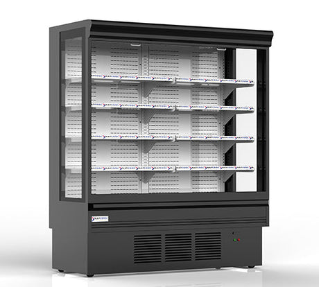 78 inch commercial refrigerated display case with black cold-rolled steel exterior, LED canopy, and adjustable temperature controls