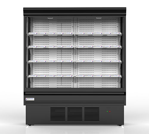 Energy-efficient merchandiser cooler using R290 hydrocarbon refrigerant with LED lighting and reversible ECM fan motors