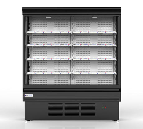 Energy-efficient merchandiser cooler using R290 hydrocarbon refrigerant with LED lighting and reversible ECM fan motors