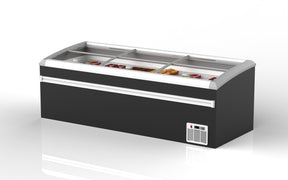 NAFCOOL 100-inch freezer with curved glass top and energy-efficient design.