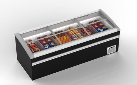 Commercial NAFCOOL island freezer for ice cream and frozen treats.