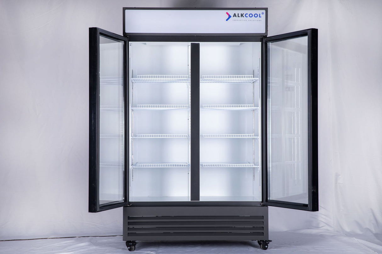 NAFCOOL GDR47 commercial glass door fridge illuminated by bright white LED interior lighting