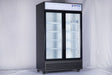 NAFCOOL GDR47 merchandiser refrigerator showing two self-closing swing glass doors and adjustable shelving