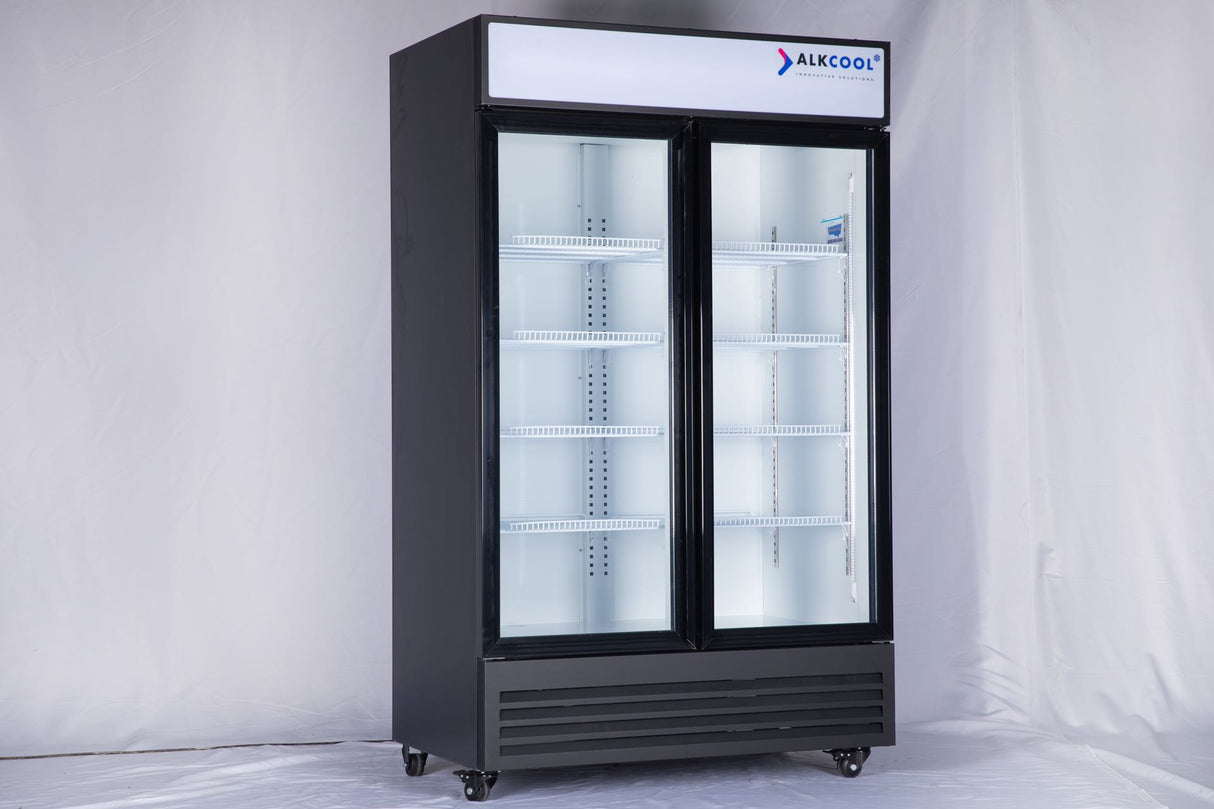 NAFCOOL GDR47 merchandiser refrigerator showing two self-closing swing glass doors and adjustable shelving