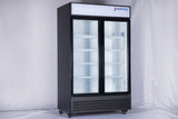 NAFCOOL GDR47 merchandiser refrigerator showing two self-closing swing glass doors and adjustable shelving