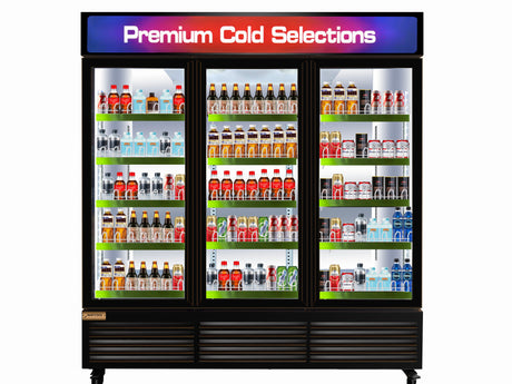 NAFCOOL TGDR70 Black Swing Glass Liquor and Beer Cooler with three self-closing tempered glass doors, LED interior lighting, and adjustable shelves