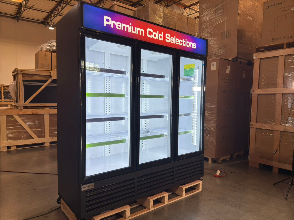 Interior LED lighting of NAFCOOL TGDR70 Black Glass Liquor and Beer Cooler enhancing product visibility
