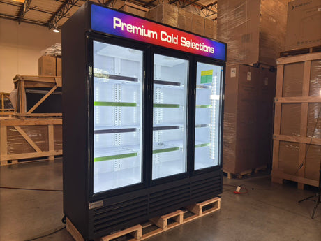 Interior LED lighting of NAFCOOL TGDR70 Black Glass Liquor and Beer Cooler enhancing product visibility