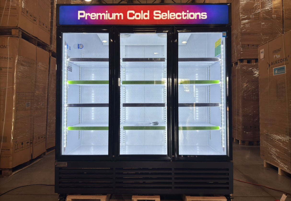 NAFCOOL TGDR70 Liquor and Beer Cooler with doors open showing adjustable shelves and organized beverage display