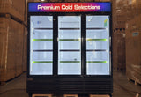 NAFCOOL TGDR70 Liquor and Beer Cooler with doors open showing adjustable shelves and organized beverage display