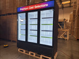 Close-up of three anti-fog dual-pane tempered glass swing doors with magnetic gaskets on NAFCOOL TGDR70 cooler