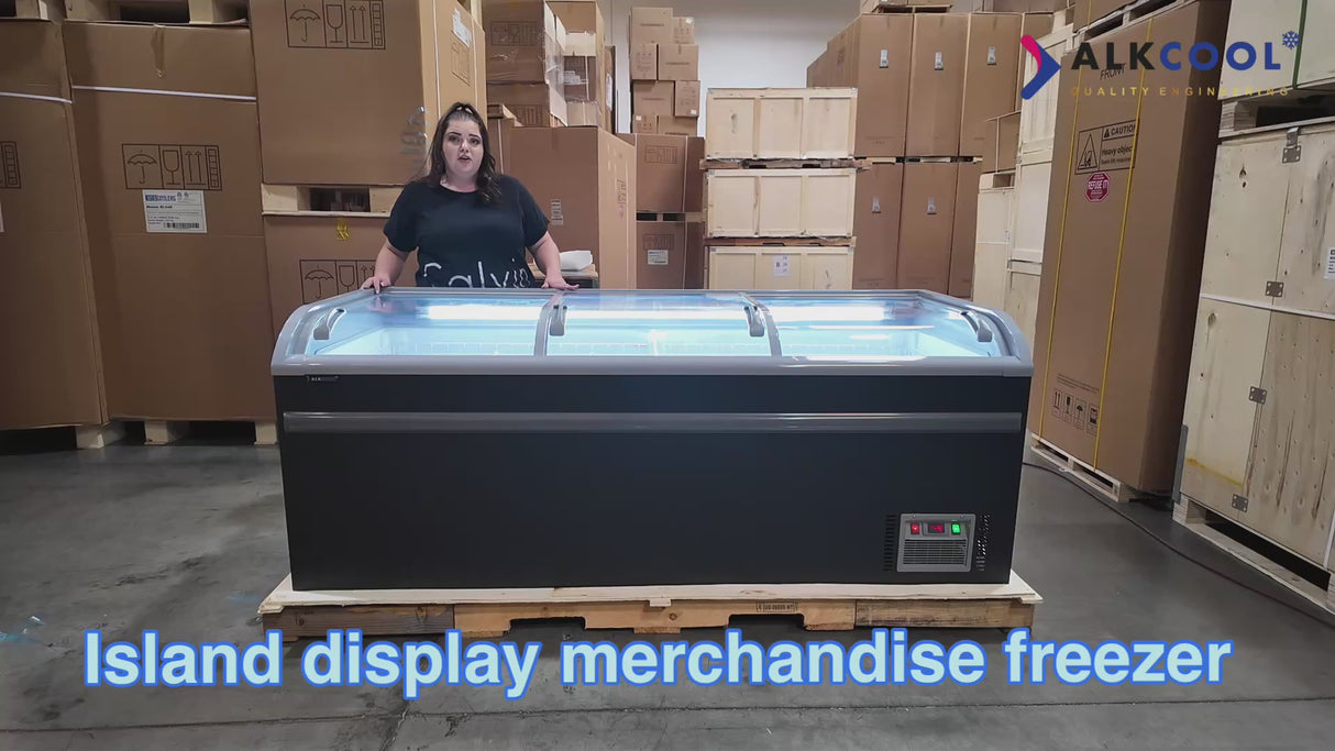83” wide SUPERMARKET SLIDING GLASS TOP DISPLAY ISLAND FREEZER (Model: IHF-D2209PB )for Frozen Meat, Frozen Pizza, Icecream and Ice Bag