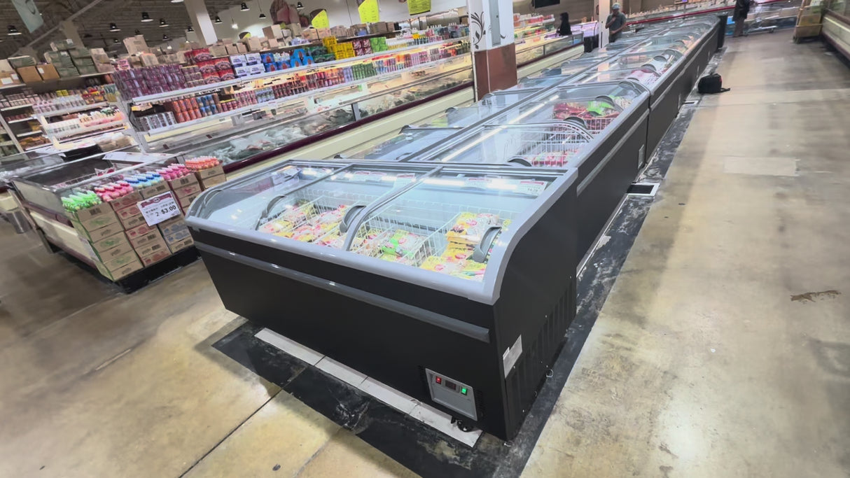 100” Wide SUPERMARKET SLIDING GLASS TOP DISPLAY ISLAND FREEZER (Model: IHF-D2509PB )for Frozen Meat, Frozen Pizza, Icecream and Ice Bag