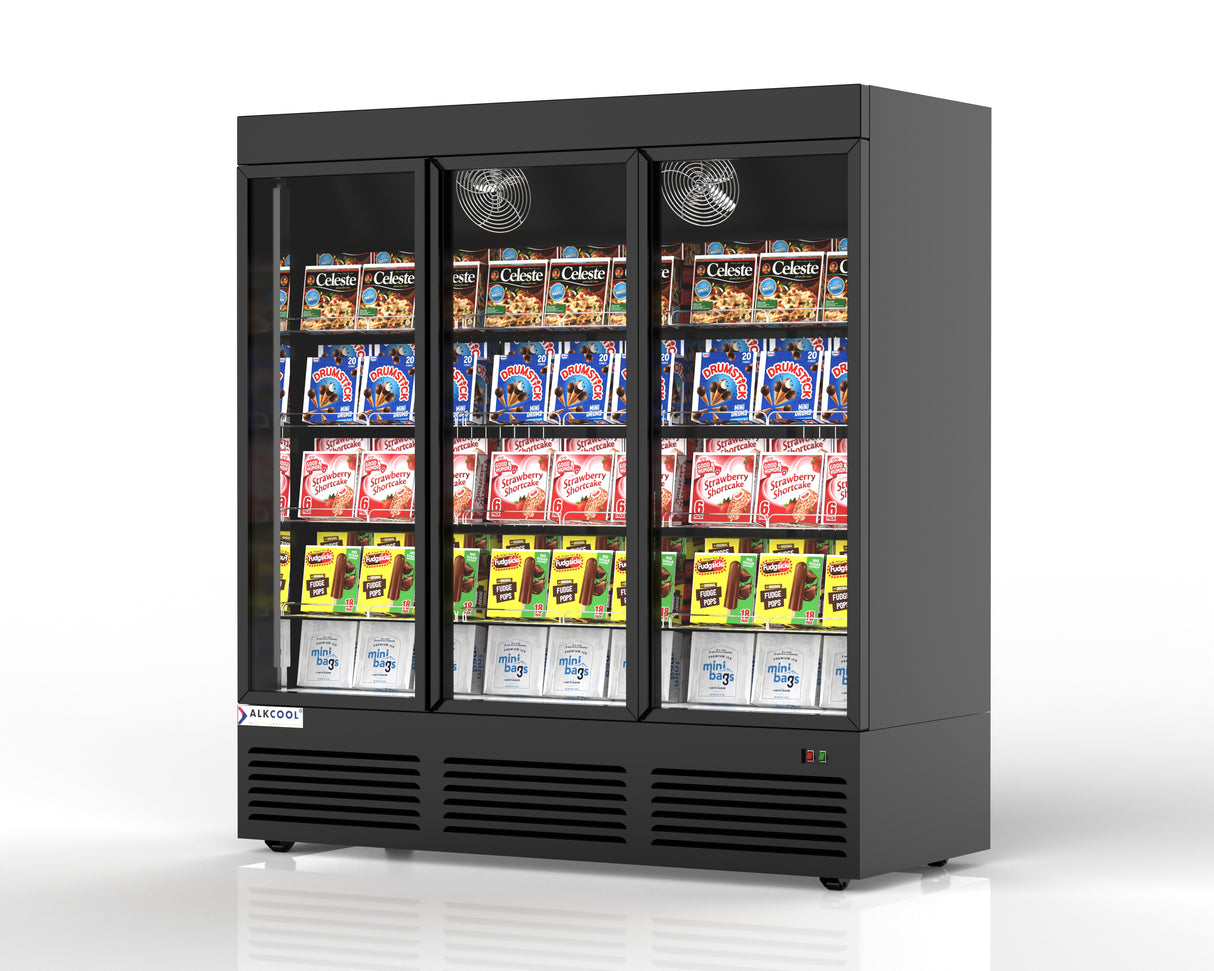VISUAL THREE SECTION DISPLAY FREEZER W/ SWING DOOR TGDF70 Visualize- BOTTOM MOUNT COMPRESSOR, BLACK, 115V WITH HYDROCARBON REFRIGERANT