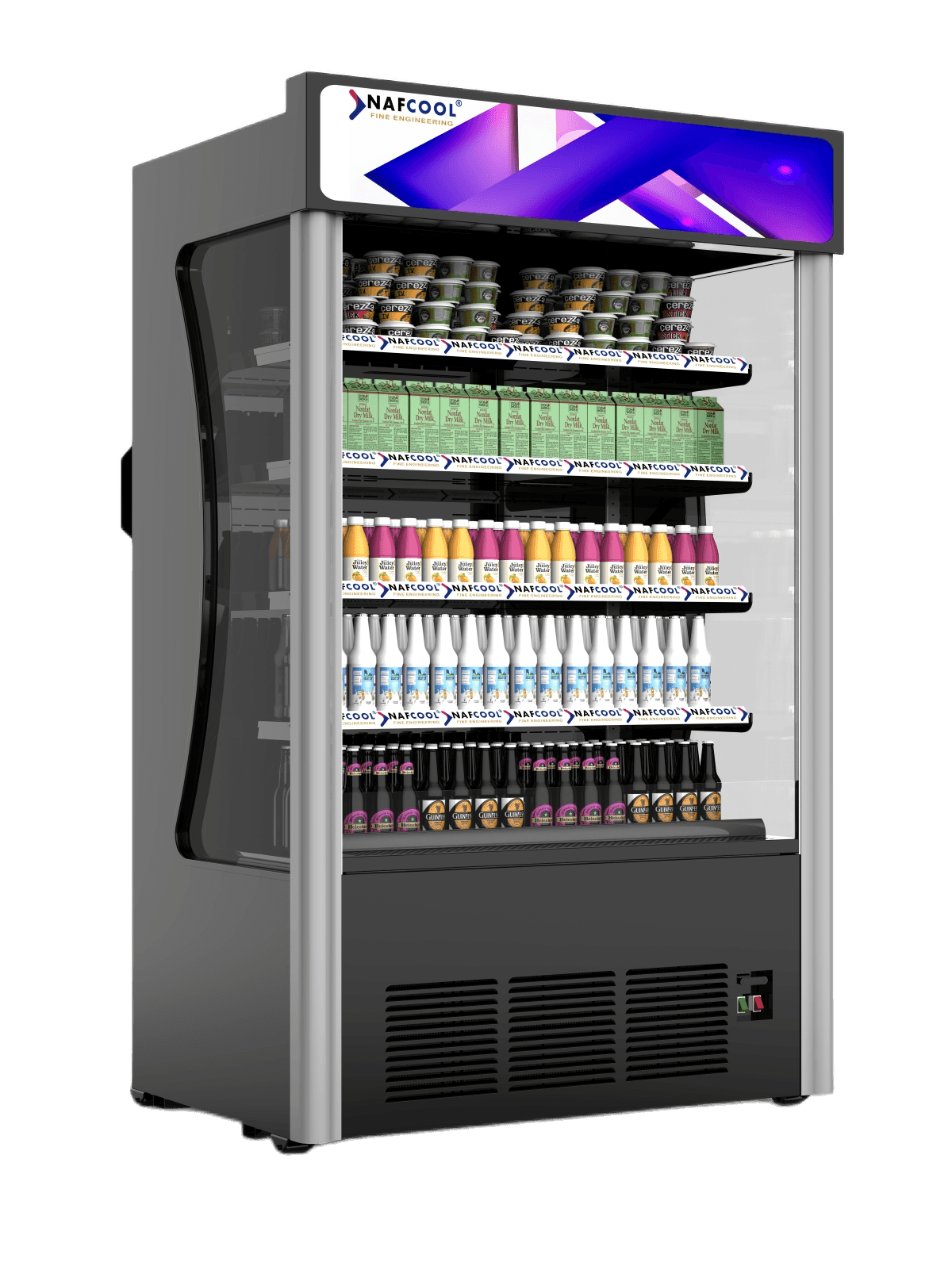 Curved-top merchandiser refrigerator with open front and bright LED sign