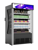 Curved-top merchandiser refrigerator with open front and bright LED sign