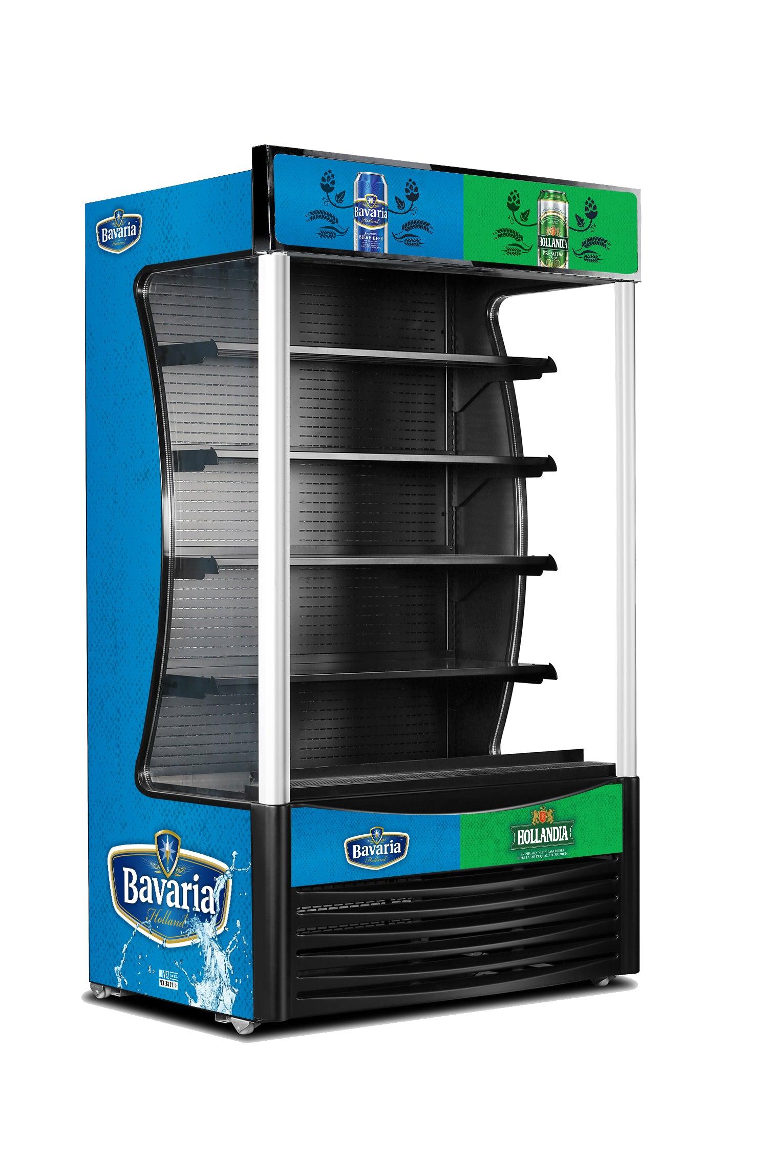 Upright black open air fridge with multiple adjustable shelves