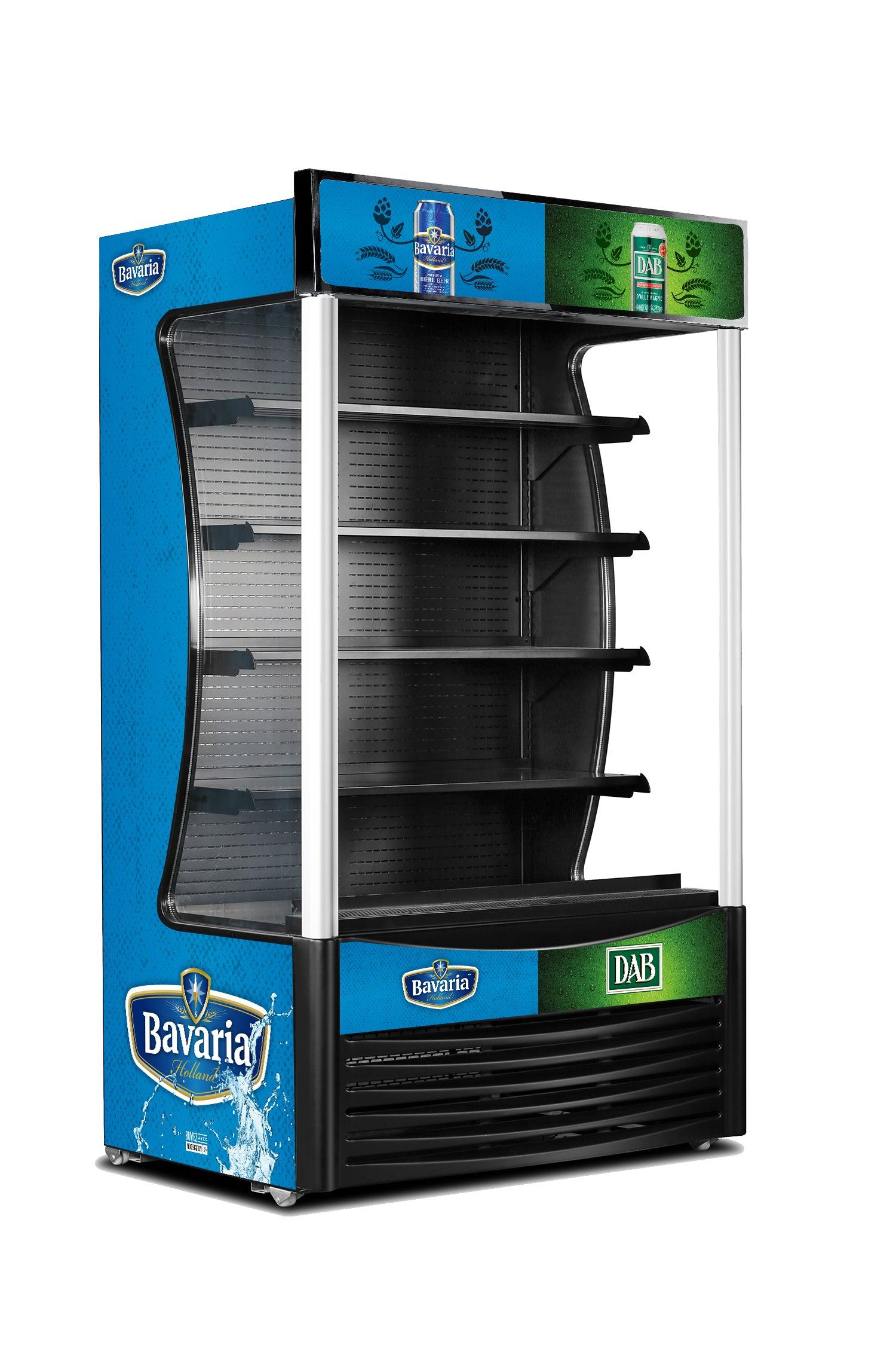 Tall commercial open air fridge with shelves and LED top signage