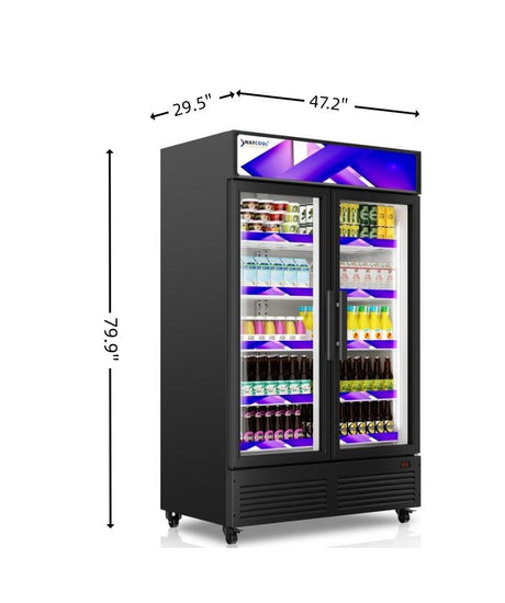 Front view of NAFCOOL GDR47 glass door merchandiser refrigerator with two clear glass swing doors